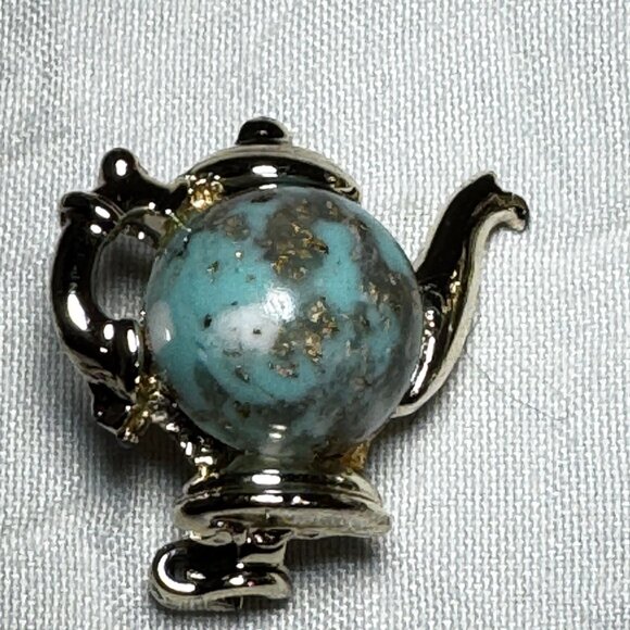 Miniature Turquoise & Gold Teapot Label Brooch Pin Set 2 sizes nice weight - Picture 2 of 7